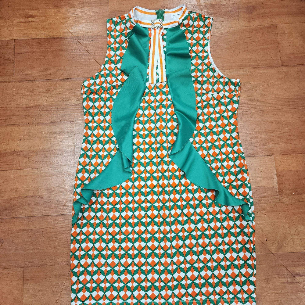 Sleeveless Geometric Mini Dress with Teal Ruffle Trim